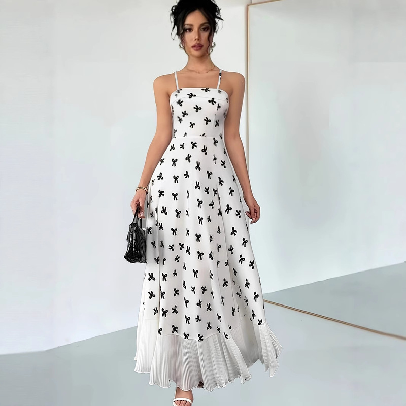 2025 New Summer Style Sexy Low-Cut Strap Suspender Long Skirt Skirt Bow Hip Dress Women's Wholesale