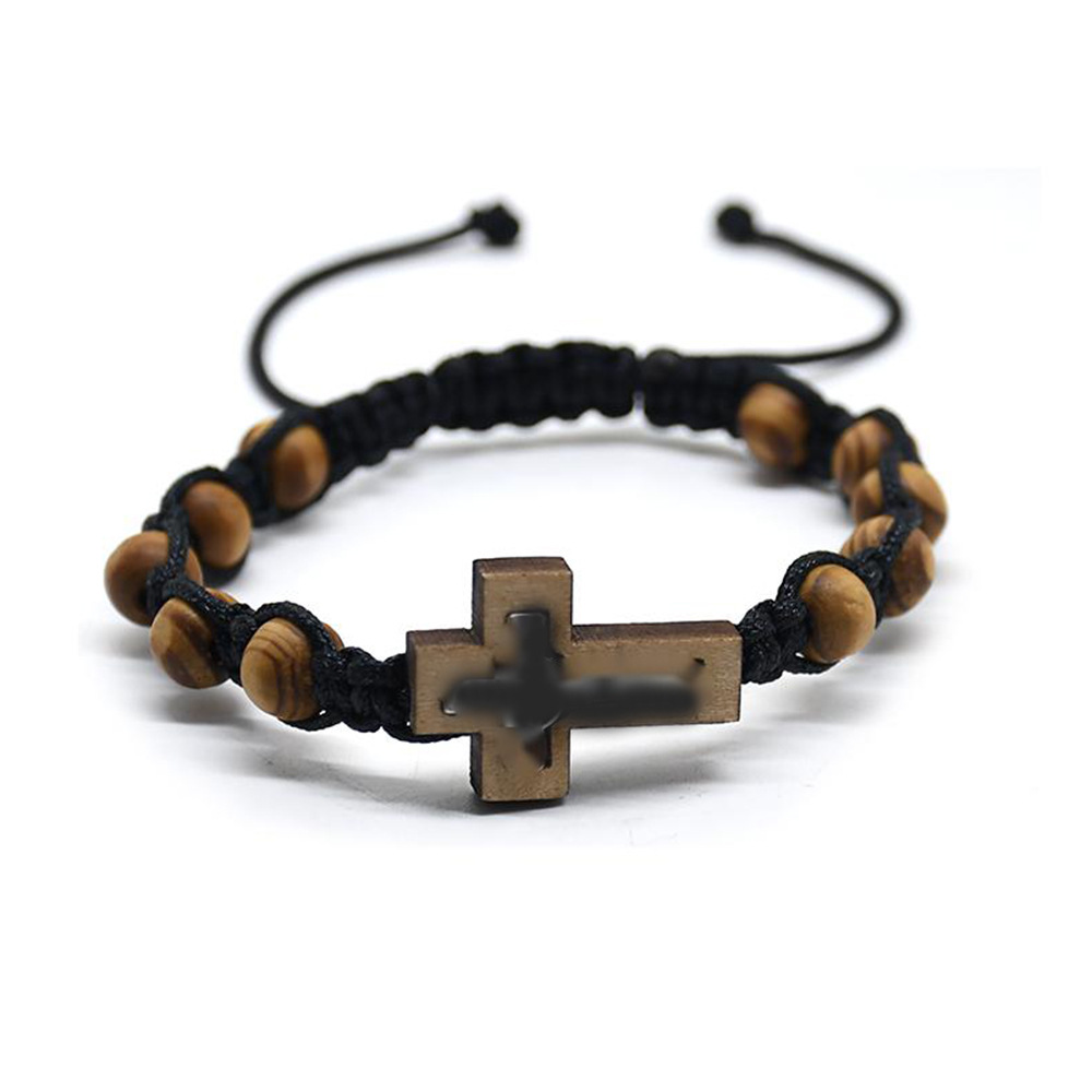 Pine Wood Bead Cross Bracelet with Alloy Pine Wood Beads and Woven Chinese Knot Prayer Beads