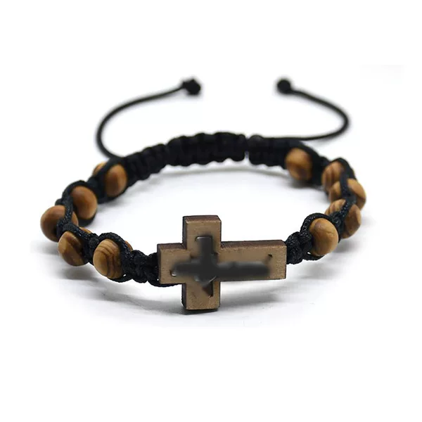 Pine Wood Bead Cross Bracelet with Alloy Pine Wood Beads and Woven Chinese Knot Prayer Beads