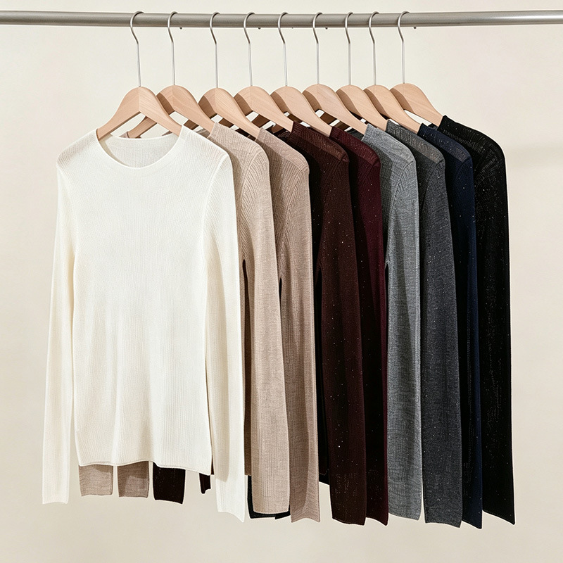100% Fine Wool Sequined Crew Neck Knit Top for Women, Slim Fit, Thin, Stylish, Perfect for Commuter Wear