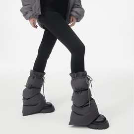 冬季加厚立体抽绳防滑羽绒服腿套白色甜美少女护小腿袜套灰色靴套