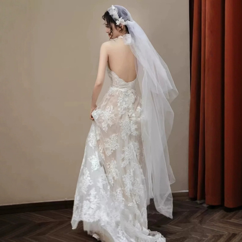 新娘婚礼晨袍晚宴生日聚会森系仙气韩式蕾丝轻婚纱高级感挂脖礼服|undefined