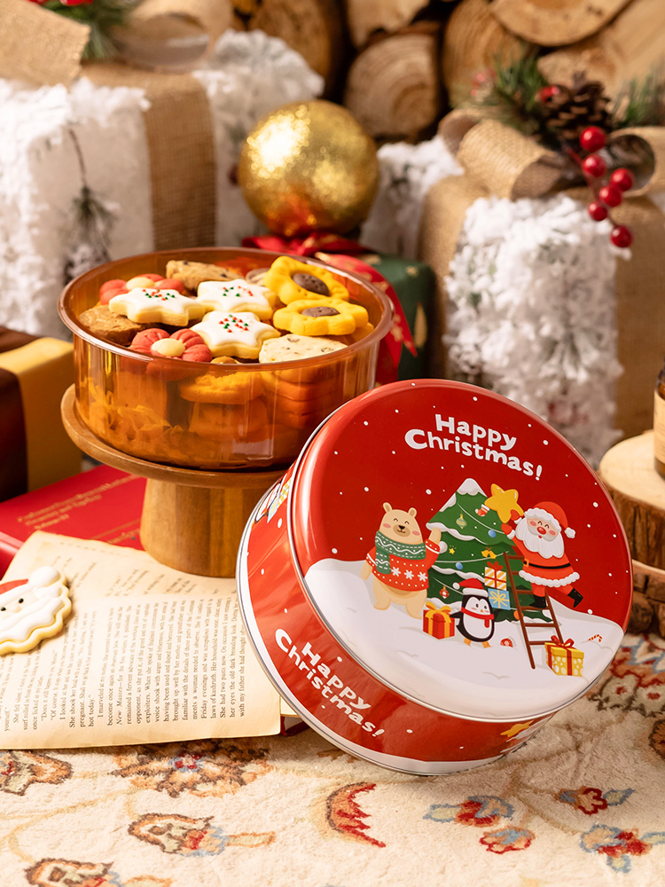 Caja de hierro soporte interno soporte de plástico soporte de dulces galletas de plástico caja de bocadillos soporte inferior envasado de horneado de alimentos redondos