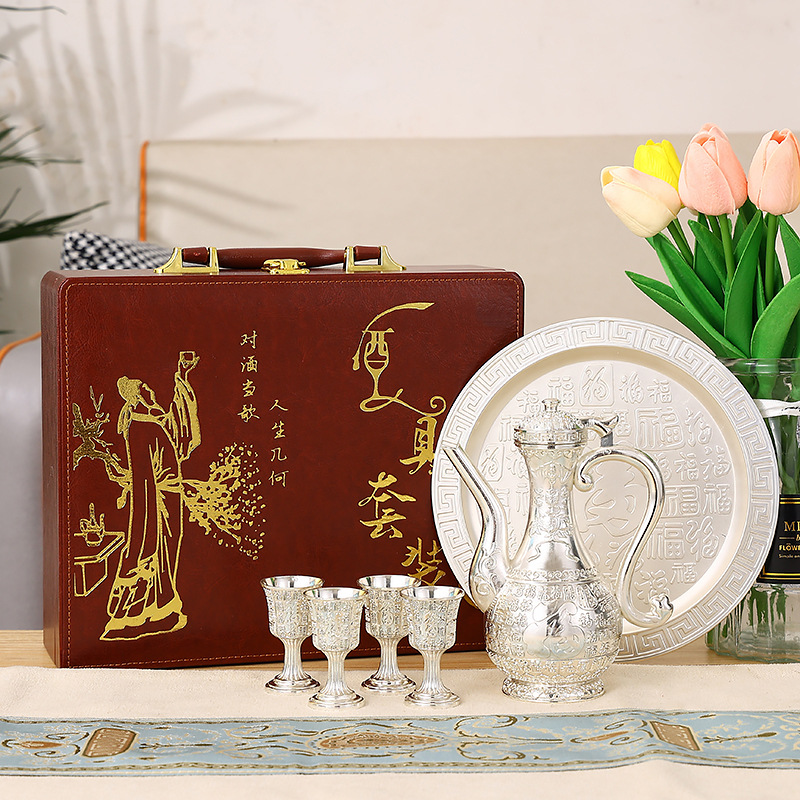High-end Silver Baofu Wine Set, Chinese Style, Including Wine Pot, Cups, Tray, Complete Home Decor Craft Kit