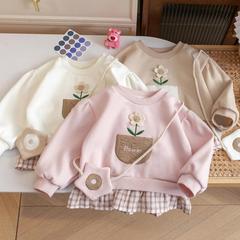 女の子の春と秋の新型のパーカーのスカートの子供の女の子の甘いかわいい格子の花の小さい女の子の偽の2枚の上着