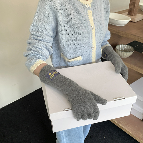 Long wool gloves for women, knitted with letters and car logos, warm, college style, five-finger, suitable for cycling men