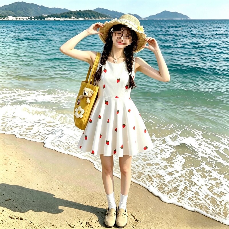Sweet and Fresh Strawberry Dress for Women, Simple Korean Style Tank Dress, Princess A-line Floral Dress for Petite Girls and Students