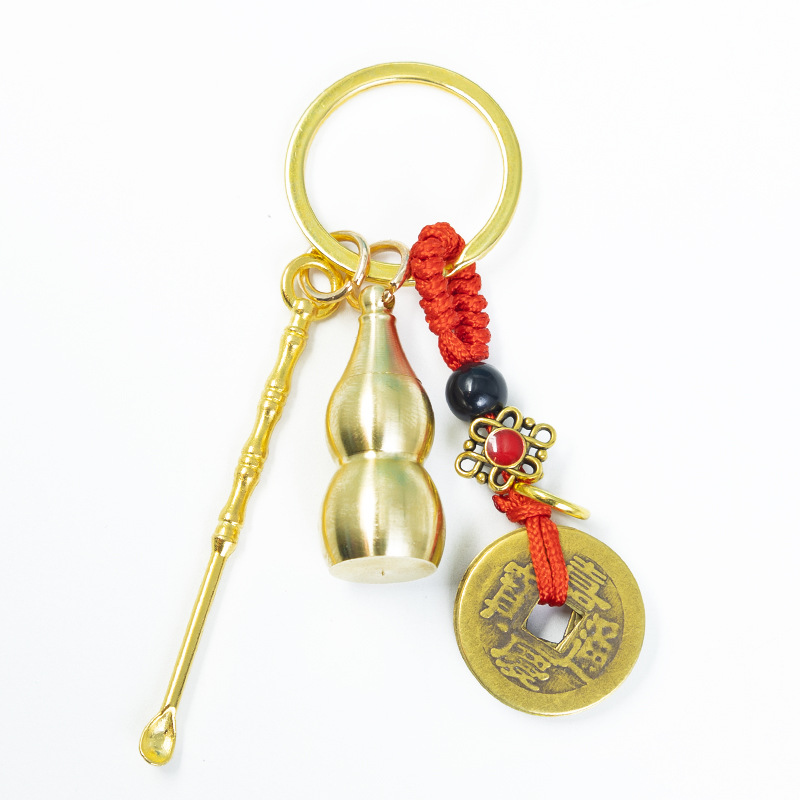 큰 열린 조롱박 대나무 귀 숟가락 붉은 밧줄 다섯 황제 키 체인 펜던트