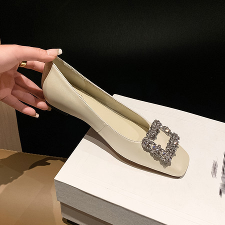 Fairy Shoes Flash Diamond Square Buckle Genuine Leather Flat Women's Shoes silver Rice White Layer Cowhide Single Shoes Square Head Increased 3cm Fairy Shoes Flash Diamond Square Buckle Genuine Leather Flat Women's Shoes silver Rice White Layer Cowhide Single Shoes Square Head Increased 3cm