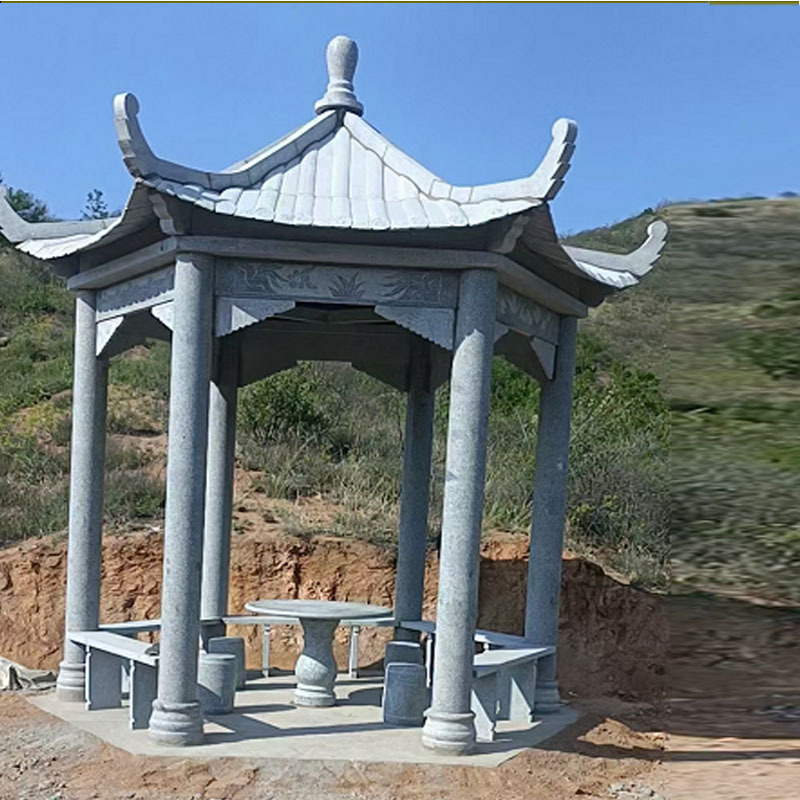 石亭子長廊 晚霞紅花崗岩六角涼亭公園小區景觀雕塑廠家