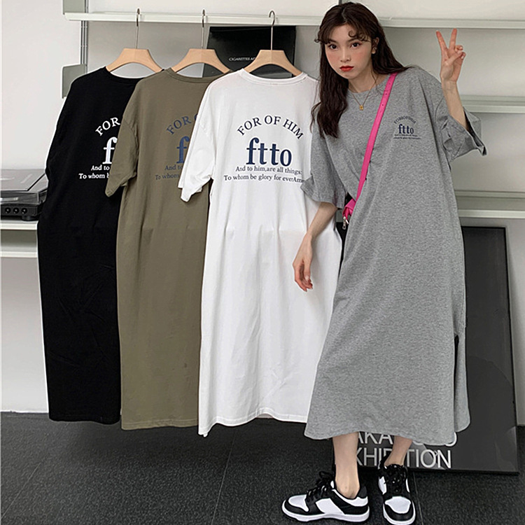 Korean Pure Cotton Dress Plus Size Women's Summer 2026 Loose Casual Slit Short-Sleeved T-Shirt Dress Maternity Long Dress