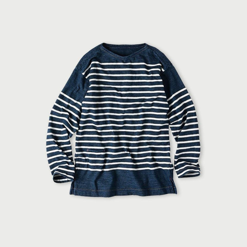 Directly Supplied from the Original Factory, Export Clothing in Indigo with Slit Hem, Basque Stripe T-Shirt, Unisex Couple's Long-Sleeve Shirt Directly Supplied from the Original Factory, Export Clothing in Indigo with Slit Hem, Basque Stripe T-Shirt, Unisex Couple's Long-Sleeve Shirt