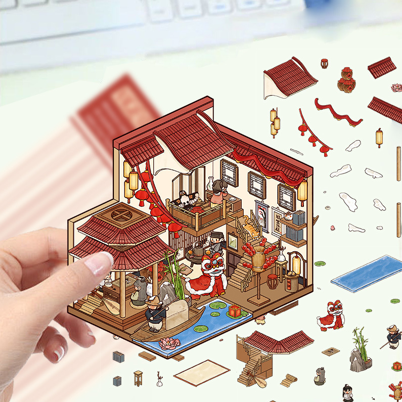 漫画造園ステッカー、さまざまなミニチュア世界 3D キャビン、リトルレッドブック減圧 DIY シーンハンドブックステッカー卸売 PET|undefined