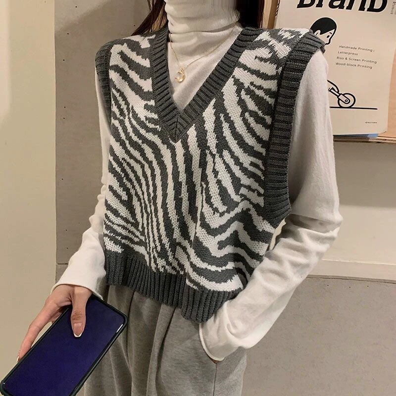 Женский трикотажный жилет с v-образным вырезом и рисунком зебры, новинка осени и зимы 2021, свободный верхний топ в корейском стиле, модный