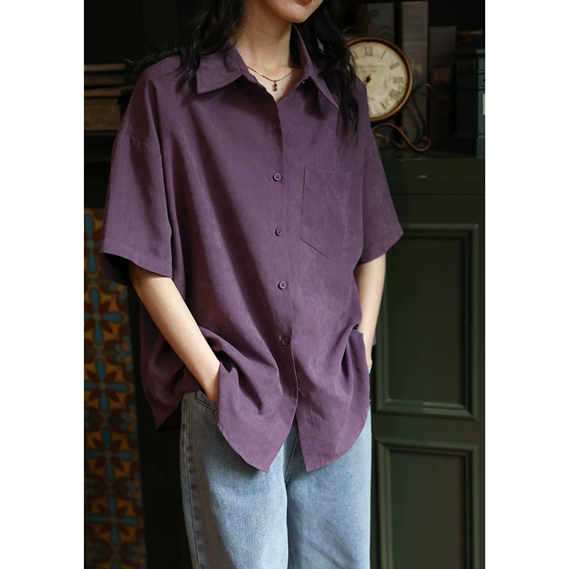 Женская рубашка с короткими рукавами в стиле ретро в гонконгском стиле, фиолетовая, из персиковой кожи, однотонная, осенняя новинка 2025 года, трендовая рубашка в тон