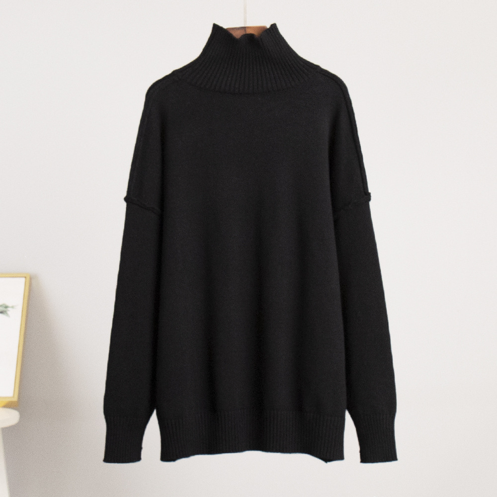 Suéter de cuello alto con costuras transfronterizas para mujer, otoño e invierno europeo y americano nuevo estilo casual suelto perezoso suéter grueso suéter de punto