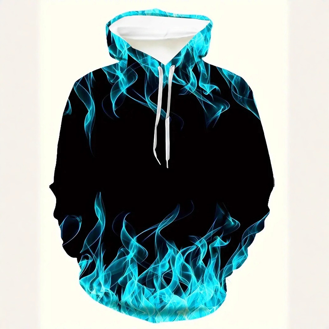 Pull à capuche 3D pour homme, imprimé numérique, motif éclair et flamme, manches longues._voghion.com