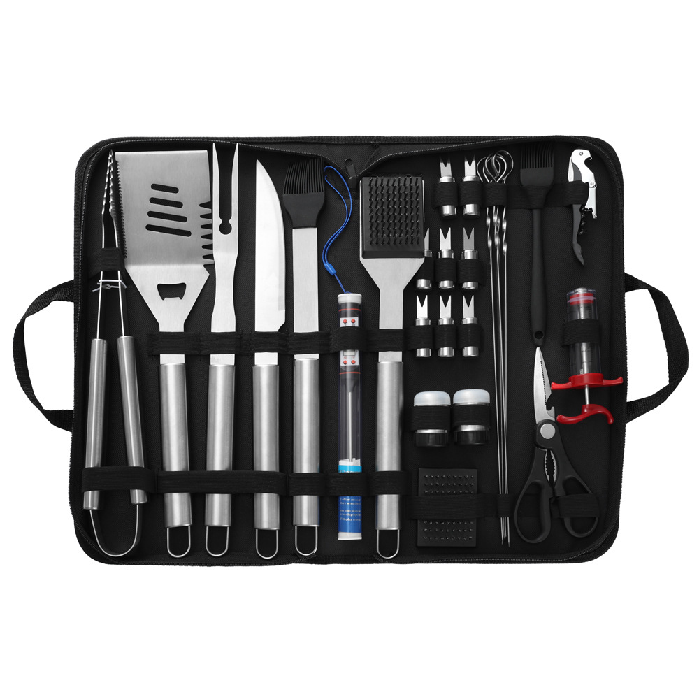 Fábrica al por mayor herramientas de barbacoa de 26 piezas de acero inoxidable para hornear conjunto de bolsa de tela combinación de camping utensilios de barbacoa al aire libre