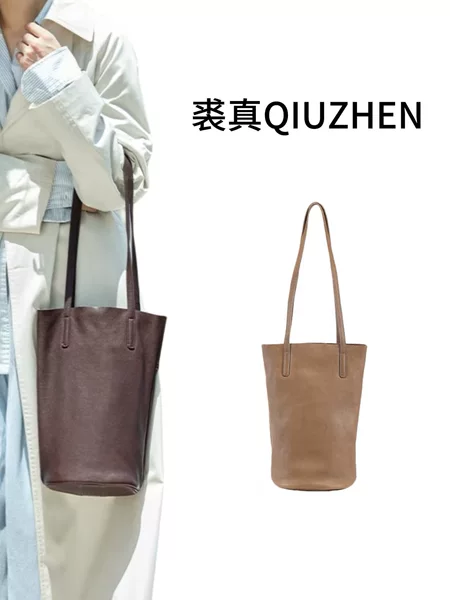 【In Stock】Floral Tube Bag Lazy Style Water Bucket Bag for Women Genuine Leather Underarm Shoulder Bag Vintage Commuter Vegetable-Tanned Cowhide