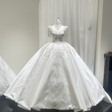 缎面婚纱2025新款新娘主婚纱短袖V领法式复古高级感结婚礼服批发