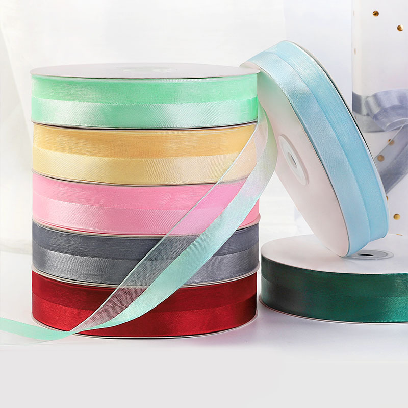 2.5 Solid Color Half Satin Half Yarn Ribbon Flower Decoration Gift Box Tie Belt Birthday Gift Box Tie Belt Wedding Wedding Candy Packaging