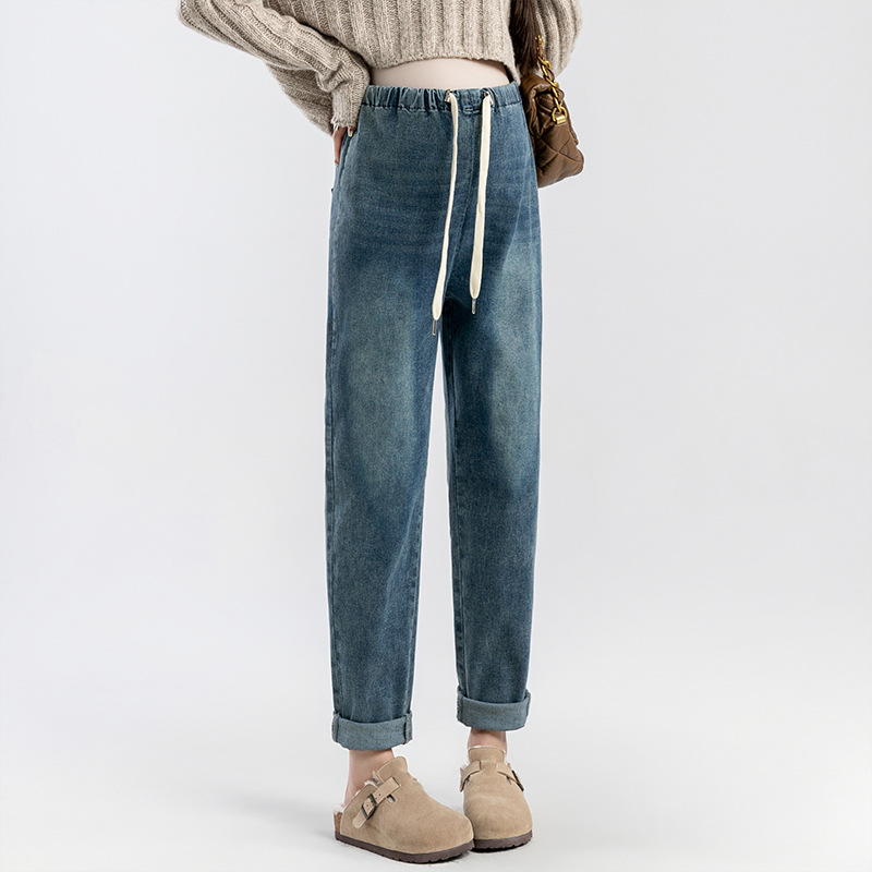 9393# Maternity Harlon Pants Spring High Elastic Summer Drawstring Model Father Pants Spring Autumn Simple Casual Maternity Jeans