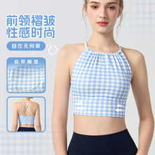 波点格纹印花运动内衣女固定杯短款挂脖健身背心交叉美背瑜伽文胸