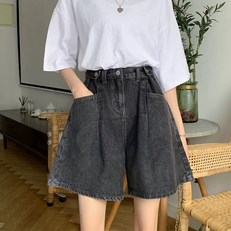 Hong Kong Style High-Waisted Denim Shorts for Women, Plus Size, Suitable for Pear-Shaped Body, Loose Casual A-Line Slimming Five-Point Pants for Summer