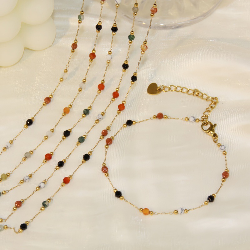 Colorful Natural Stone Splicing Bead Titanium Steel Necklace for Women, Light Luxury Fashion Design, Vintage Versatile Set, Non-Fading