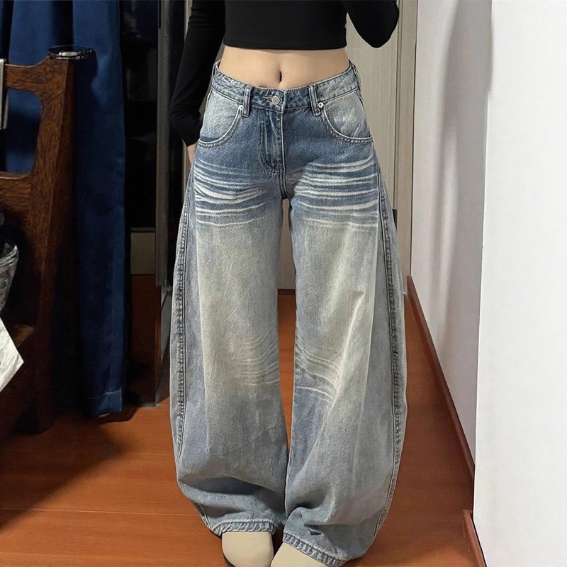 American Retro Scimitar Jeans for Women, Winter Velvet Jeans, Wide Legs, Loose, High Waist, Slimming and Versatile