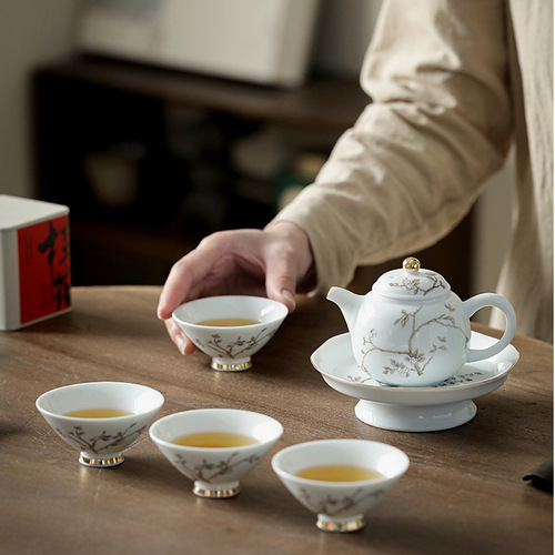 Mutton fat white jade porcelain gold tracing household tureen kungfu tea set small set teapot teacup Jingdezhen high-end gift box