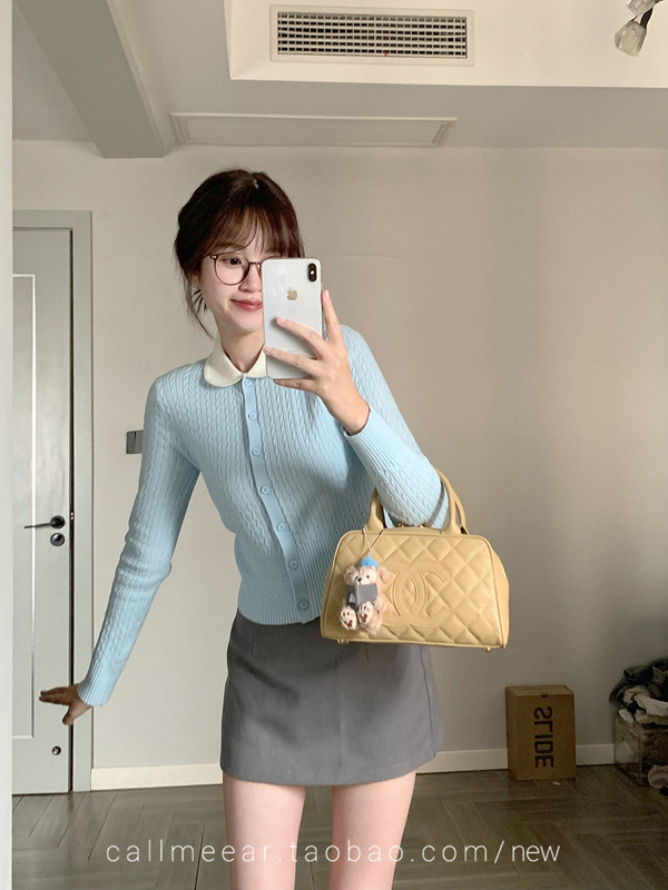 CallmeEar// 【曼哈顿少女】可爱娃娃领修身针织衫女蓝色内搭上衣|undefined