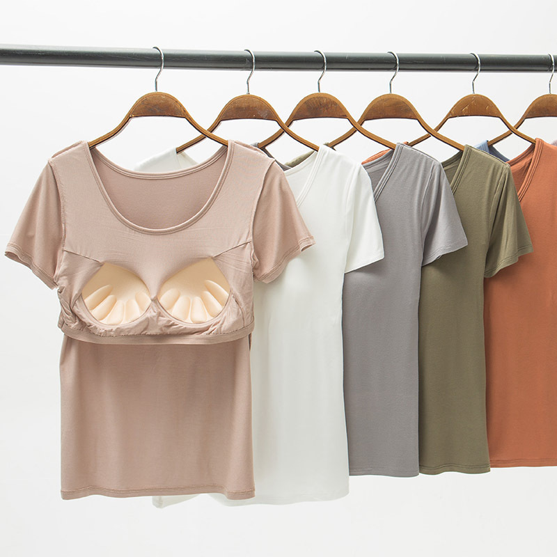Factory wholesale summer modal with chest pad short sleeve women's T-shirt solid color bra one half sleeve can wear bottoming shirt Factory wholesale summer modal with chest pad short sleeve women's T-shirt solid color bra one half sleeve can wear bottoming shirt