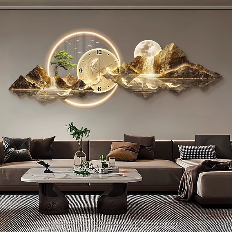 Wall-Mounted Clock Painting for Living Room Decoration, Simple Modern Sofa Background Wall Art, Wall Lamp Painting, Light Luxury Style, Sunshine over the Golden Mountain Wall-Mounted Clock Painting for Living Room Decoration, Simple Modern Sofa Background Wall Art, Wall Lamp Painting, Light Luxury Style, Sunshine over the Golden Mountain
