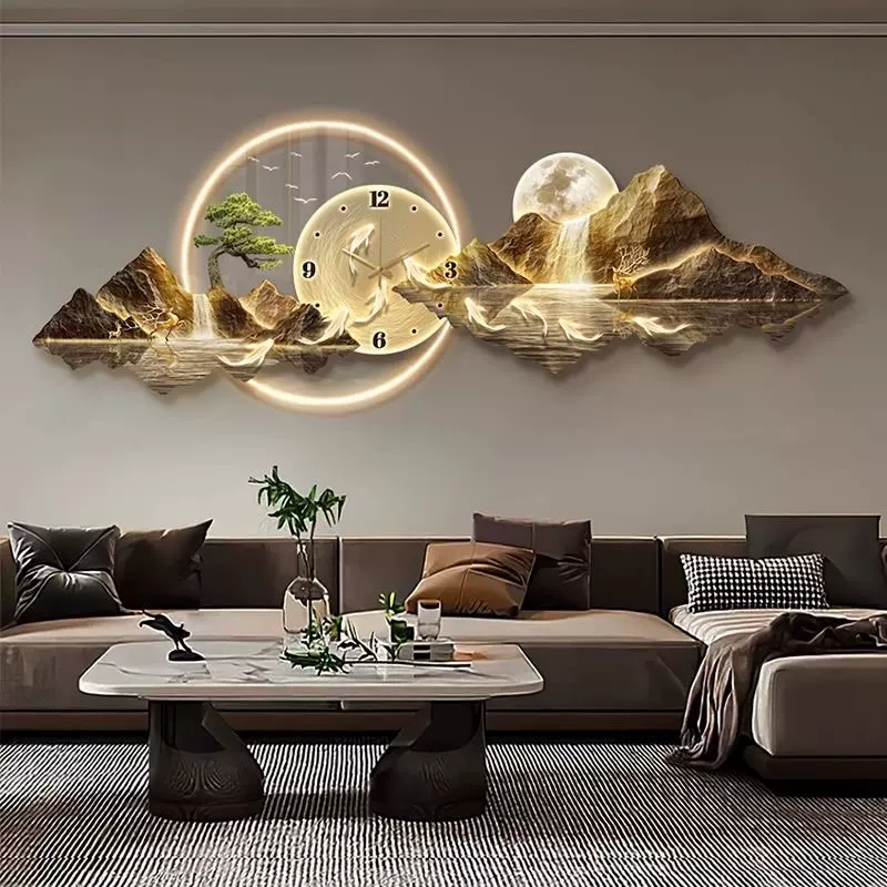 带钟表挂墙客厅装饰画简约现代沙发背景墙挂画壁灯画轻奢日照金山