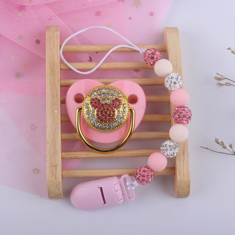 Nuevo bebé suministros cristal animal patrón chupete bebé silicona cuentas Cadena de chupete conjunto de dos piezas