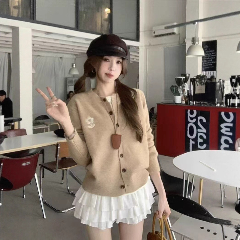 甜美花朵刺绣长袖针织开衫女夏季2025新款宽松休闲软糯毛衣外套潮|undefined