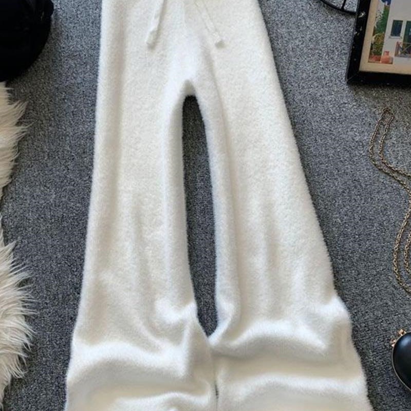 白色阔腿针织裤女秋冬季新款宽松拖地水貂绒软糯垂感直筒休闲长裤
