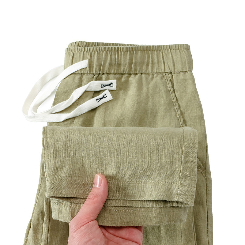 Pure Linen Breathable Chinese Style New Gray Blue Long Summer Thin Simple Casual Men's Pants White_viptrois.com