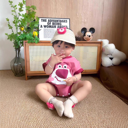 Summer Baby Loose Casual Short Sleeve Hoddie Infant Cotton Cute Strawberry Bear PJs Climbing Suit Korean Version