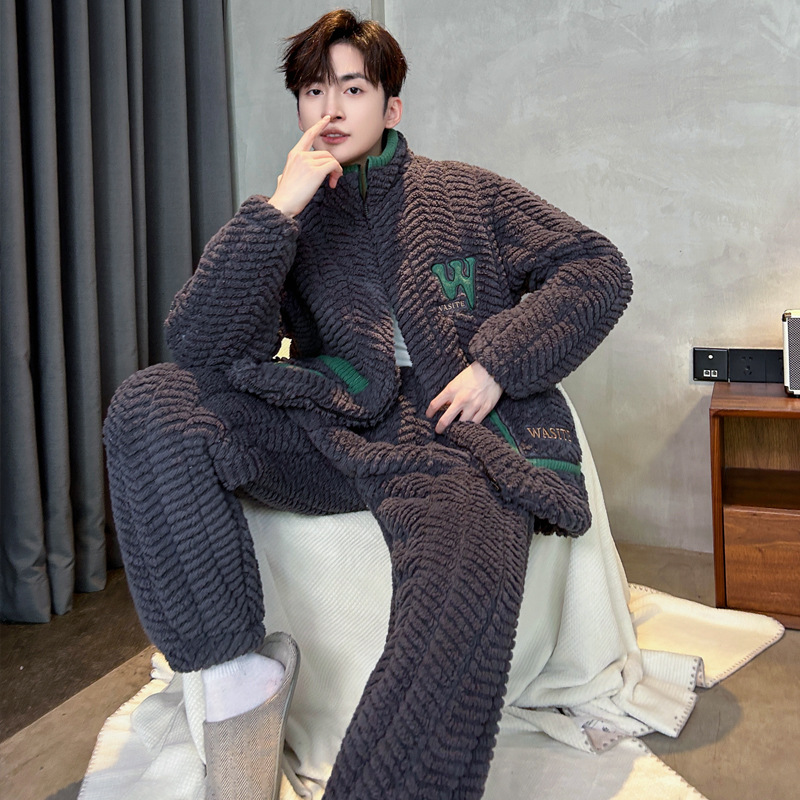 3 층 면 패딩 재킷 잠옷 남자의 가을 겨울 기모 새 겨울 지퍼 산호 양털 홈 옷 세트