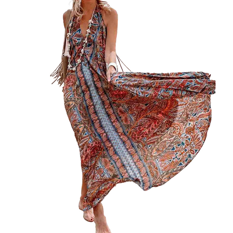 Mujeres Vestido Normal Estilo Vintage Bohemio Cuello Halter Impresión Sin Mangas Impresión Vestido Maxilargo Fiesta Viaje display picture 2