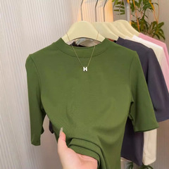高品質の弾力綿の気質の中でtシャツの女性の百合はやせている中袖の5分の袖の半高襟の底のシャツの大きいサイズを現します。