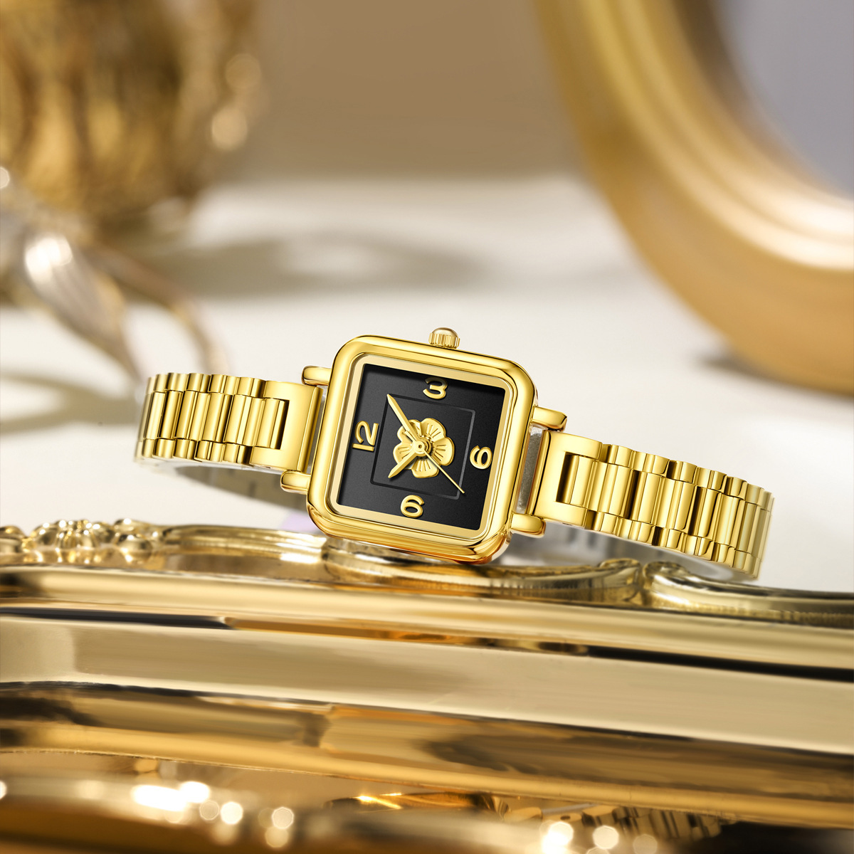 Gordi Vintage Style Black Gold Small Square Light Luxury Niche Temperamento High-end Camellia Women's Steel Band Quartz_voghion.com