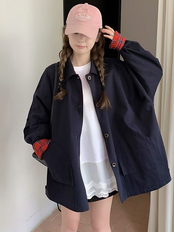 韩系设计感翻领格纹撞色外套女2025春秋季新款复古双面穿夹克上衣|undefined