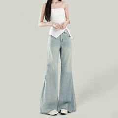 浅色阔腿微喇叭牛仔裤女2025年夏季新款高腰宽松垂感百搭拖地长裤