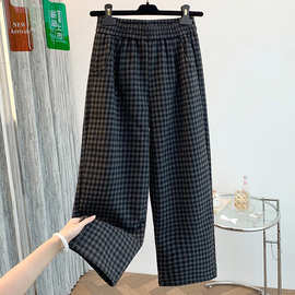 实拍 宽松大码胖mm遮肉格子弯刀裤女秋冬新款高腰九分休闲裤