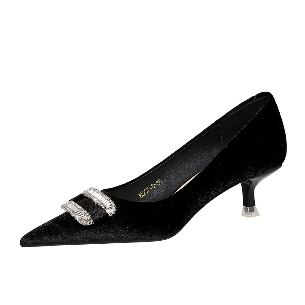 237-K76 Banquet Women's Shoes Mid Heel Thin Heel Thickened Suede Shallow Mouth Sharp Metal Water Diamond Button Women's Single Shoes
