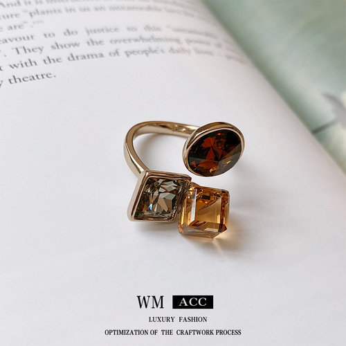 Real gold electroplated zircon square circle open ring, high-end niche temperament ring, 2024 new ring