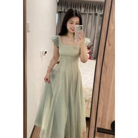 法式甜美小清新连衣裙女夏季小个子收腰显瘦薄荷绿少女裙子超好看